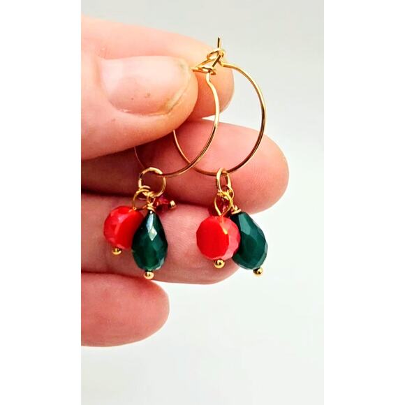 Handmade Green Onyx Chalcedony Hoop Earrings Red Crystal Dainty Christmas Colors - Picture 5 of 7